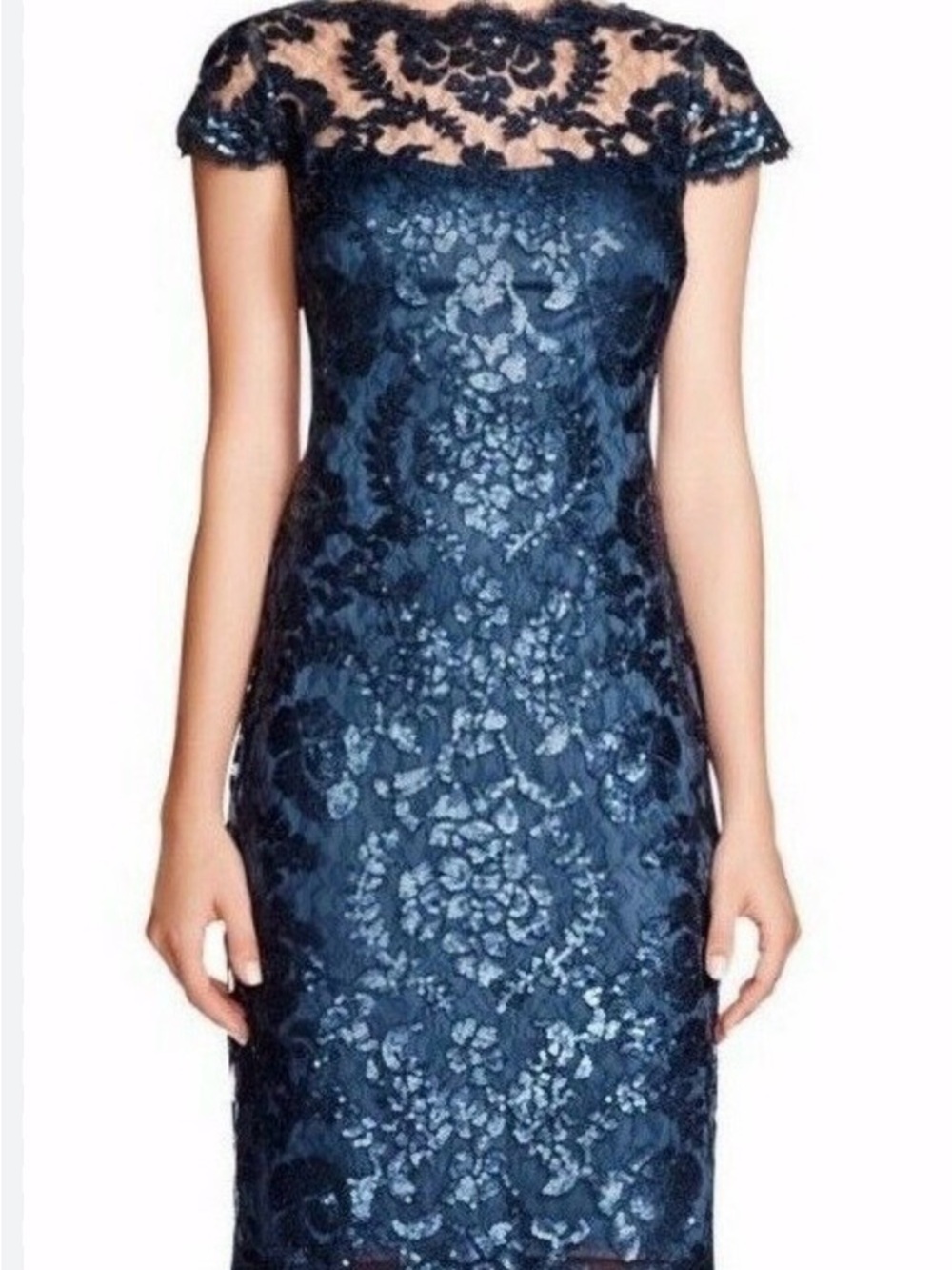 Tadashi Shoji Starry Night Pattered Embellished Lace Illusion Cap Sleeved Dress
